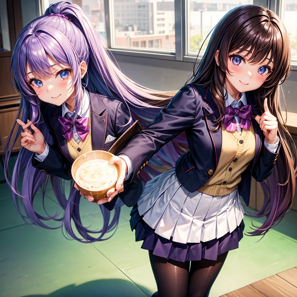 middle School girls,smile,Best Quality,High-dimensional beautiful girl,Multidimensional beautiful girl,Multiple girls,cute制服,blazer,cardigan,8K,Highest quality,Long Hair,cute,fluffy,Angel,Long Hair,blue eyes,School,classroom,perfection,masterpiece,Have sparkling eyes,tights,Horny girl,Naughty Girls,美しいcute女の子,Horny girl,Brown Hair,Beautiful girl,Purple hair color,Latest Fashion, girl,