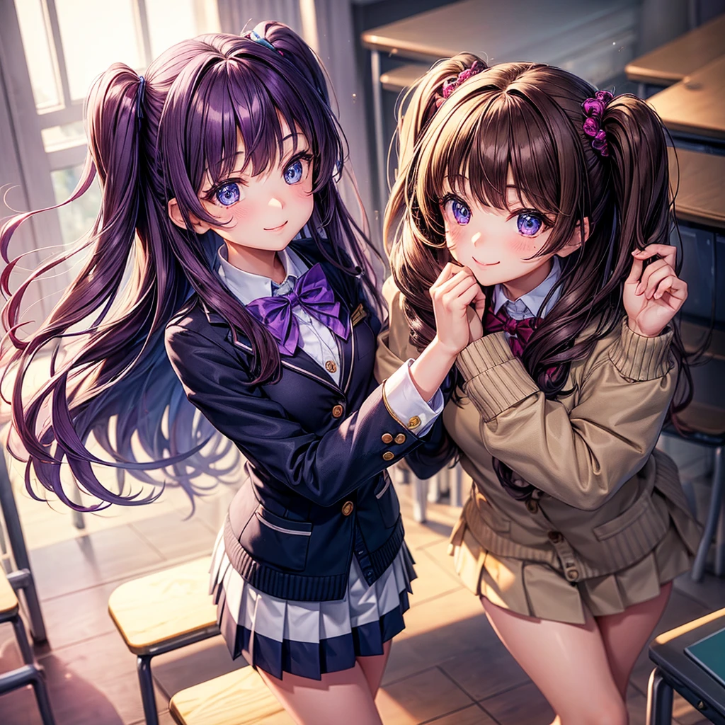 middle School girls,smile,Best Quality,High-dimensional beautiful girl,Multidimensional beautiful girl,Multiple girls,cute制服,blazer,cardigan,8K,Highest quality,Long Hair,cute,fluffy,Angel,Long Hair,blue eyes,School,classroom,perfection,masterpiece,Have sparkling eyes,tights,Horny girl,Naughty Girls,美しいcute女の子,Horny girl,Brown Hair,Beautiful girl,Purple hair color,Latest Fashion, girl,