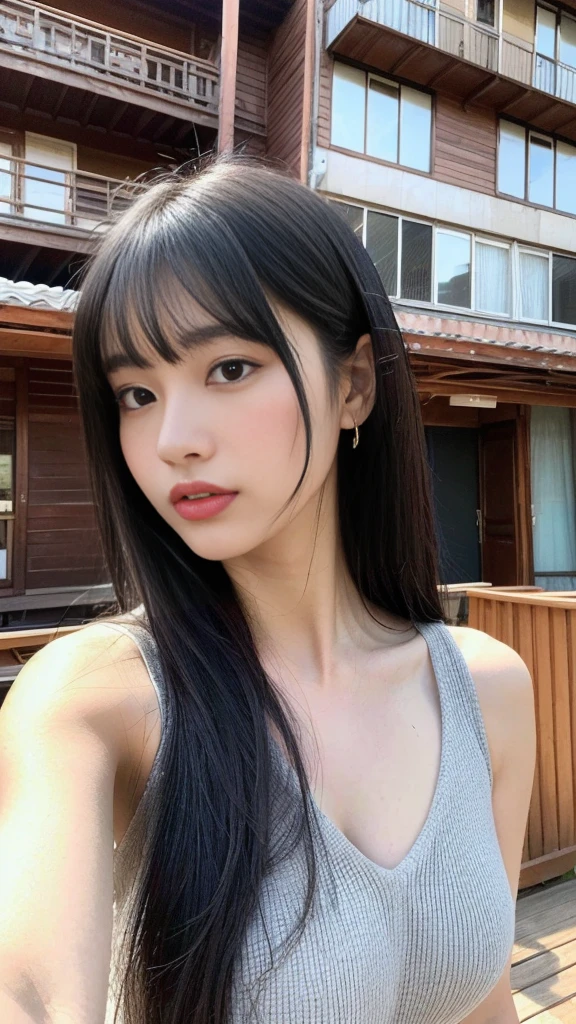 (High resolution CG Unity 8K wallpaper)、(masterpiece)、(Highest quality)、(Super detailed)、(Best illustrations)、Female 1 person、(Kyoko Otonashi: 1.4)、(Long black hair with bangs falling over the forehead: 1.4)、(Big Breasts: 1.2)、(Cool V-neck dress: 1.4)、((shopping: 1.2))、(In front of an old wooden apartment building: 1.2))、Puffy eyes、Close-up、(Upper Body: 1.4)