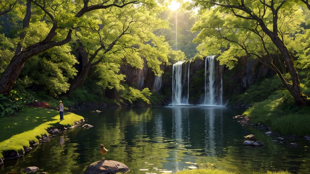 "Description: Create a breathtaking scene that showcases the beauty of God's creation. Depict a majestic landscape with rolling hills, serene lakes, and vibrant flora under a sky filled with celestial light. Show diverse groups of people from different cultures and backgrounds marveling at the wonders of nature, expressing awe and gratitude.
Details: Use vibrant colors and rich textures to emphasize the lushness and diversity of the natural surroundings. Include details such as birds in flight, gentle water ripples, and sunlight filtering through leaves to evoke a sense of wonder and harmony. Show people engaged in activities like hiking, painting, or simply contemplating the beauty around them, reflecting their appreciation of God's creative handiwork."
