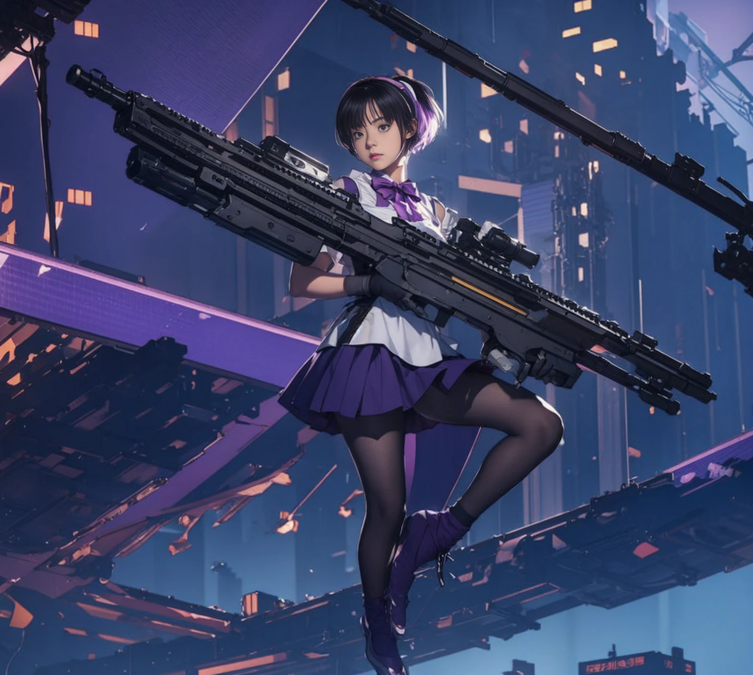 One girl, alone, short hair, skirt, shirt, gloves, White Background, bow, Holding, , Purple eyes, white shirt, arms, Purple Hair, pleated skirt, shoes, black gloves, shoes下, bowtie, Holding arms, gun, sneakers, Holding gun, Armband, rifle, grey skirt, headset, assault rifle, grey gloves, Load-bearing vest
