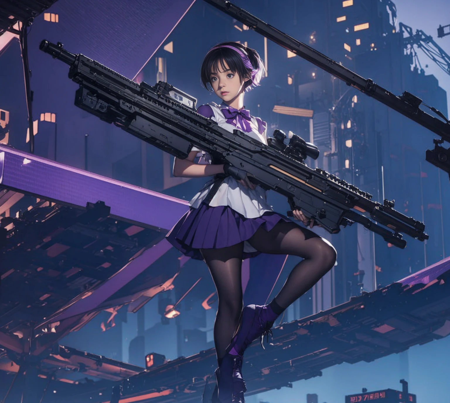 One girl, alone, short hair, skirt, shirt, gloves, White Background, bow, Holding, , Purple eyes, white shirt, arms, Purple Hair, pleated skirt, shoes, black gloves, shoes下, bowtie, Holding arms, gun, sneakers, Holding gun, Armband, rifle, grey skirt, headset, assault rifle, grey gloves, Load-bearing vest
