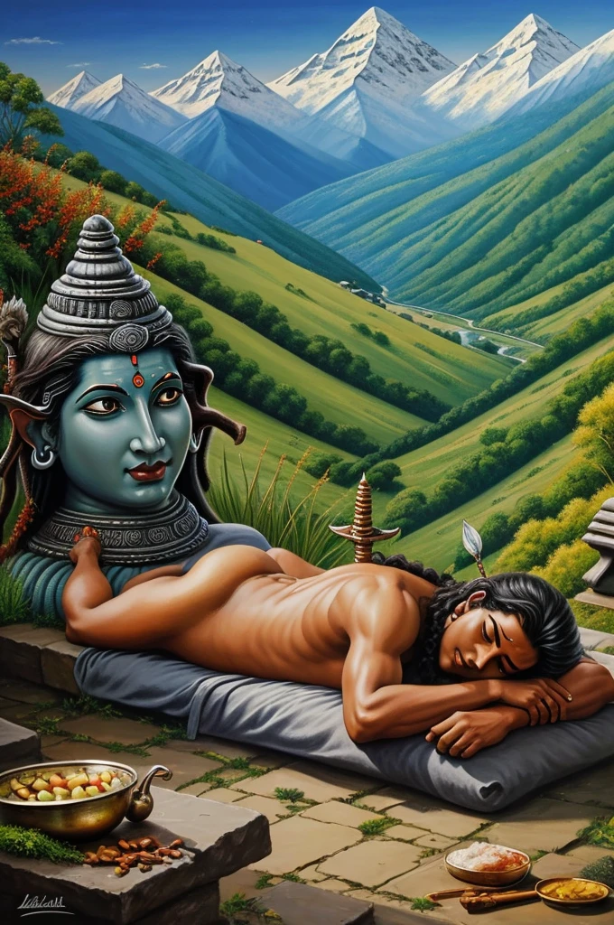 A detailed, hyper-realistic painting of Lord Shiva in the future. lord shiva sleeping in hill, lord shiva in ox , lord shiva with trishul,lord shiva in mountain , lord shiva,