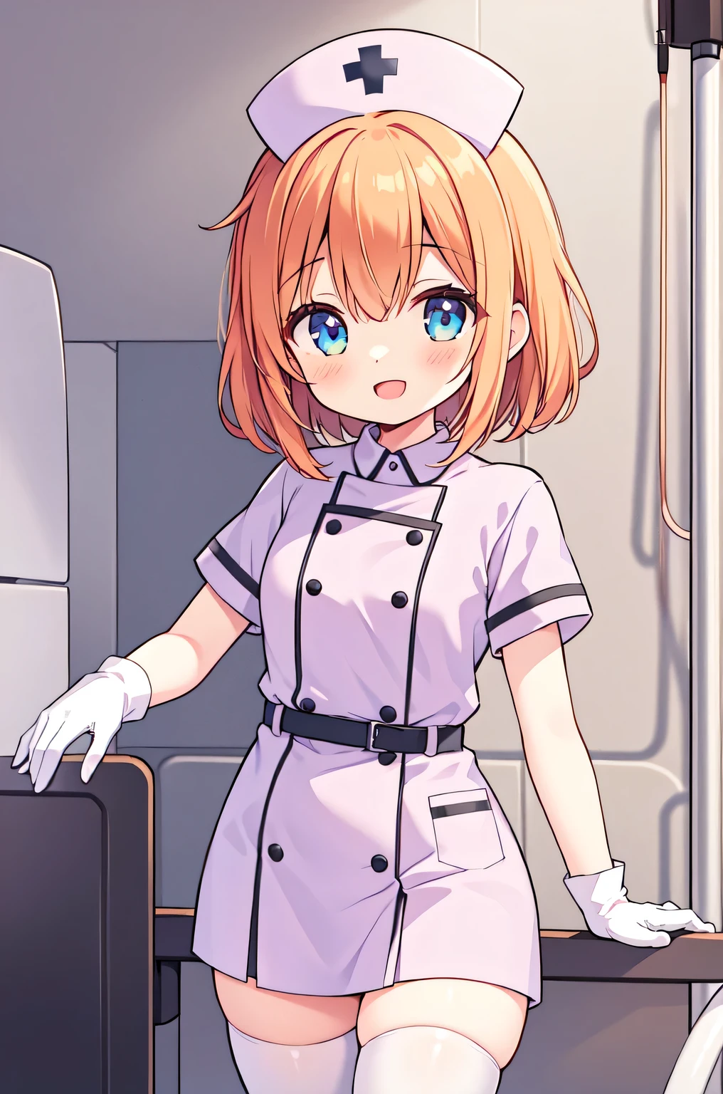 1girl, solo, nurse, nurse cap, white nurse uniform, ((white legwear, zettai ryouiki)), white gloves, very short hair, orange hair, smile, open mouth, standing, ((hospital room)), sharp outline, short sleeves, tomboy, boyish, best quality, masterpiece