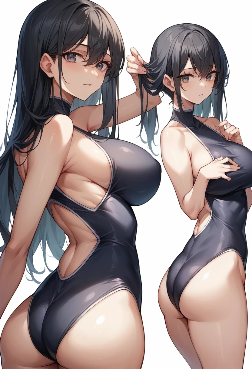 masterpiece,Highest quality,High resolution,shape,Very detailed,8k CG wallpaper,One Girl,Ray Tracing,Beautiful breasts,Long black hair, Black oversized swimsuit,White background,Her butt is facing me,One hand in hair,Turning around and looking at me,