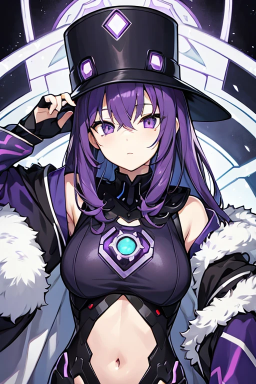 Young robot man, PURPLE HAIR, black hat, purple eyes