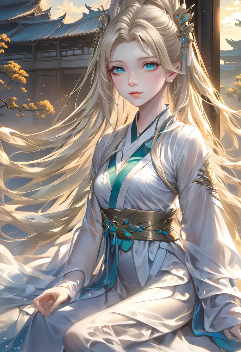 ((Highest quality)), ((masterpiece)), (detailed), ((Perfect Face)),euphilia, One Girl,Anime girl with long blonde hair and dark turquoise eyes in a white dress, Trending on cgstation, artwork in the style of Gwaiz, Gwaiz, Smooth anime CG art, detailedなデジタルアニメアート, Anime Goddess, Fantasy art style, palace ， Girl in Hanfu, Beautiful young wind spirit, Beautiful Anime Girls, ! Dream Art Germ,