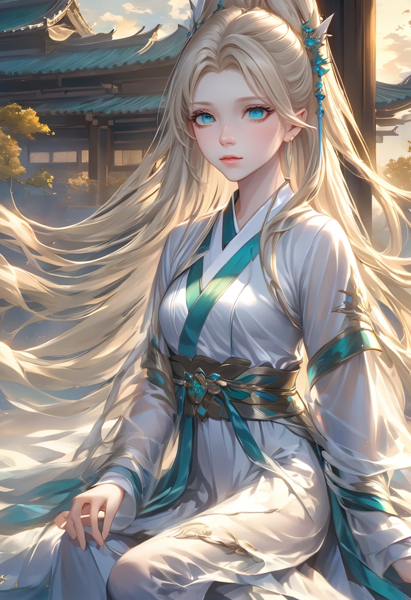 ((Highest quality)), ((masterpiece)), (detailed), ((Perfect Face)),euphilia, One Girl,Anime girl with long blonde hair and dark turquoise eyes in a white dress, Trending on cgstation, artwork in the style of Gwaiz, Gwaiz, Smooth anime CG art, detailedなデジタルアニメアート, Anime Goddess, Fantasy art style, palace , Girl in Hanfu, Beautiful young wind spirit, Beautiful Anime Girls, ! Dream Art Germ,