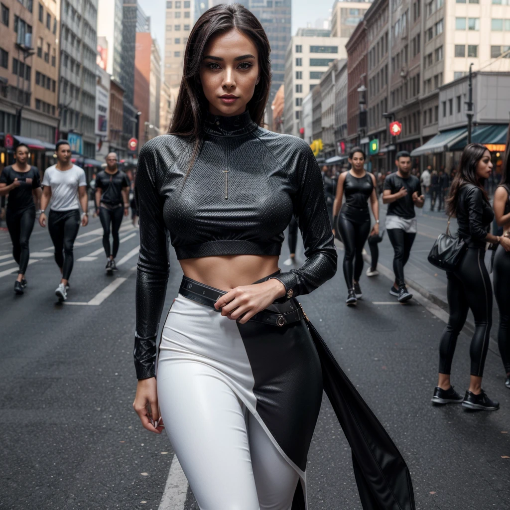 [[((young attractive woman with a captivating presence, embodying the essence of Allurist:1.6)), standing confidently on a vibrant city street. She is dressed in stylish, modern, and elegant fashion with elements of fitness and travel seamlessly integrated into her outfit:1.6)), wearing ((a fusion of high-end fashion and fitness wear, featuring sleek lines, advanced materials, and a touch of futuristic design, symbolizing magnetic allure:1.4)). The background features a bustling urban environment with sleek architectural designs, digital billboards, and a mix of traditional and modern elements. The scene is captured with a ((full-frame DSLR:1.4)) using a ((35mm prime lens:1.4)) to capture a wider view while keeping the woman in sharp focus. Professional lighting enhances her natural features and adds a ((dynamic bokeh effect:1.3)) to the background. The image should be in ((8K resolution:1.5)) with ((hyper-realistic detail:1.6)). The focus is entirely on the woman's stylish and confident presence, capturing the essence of magnetic allure perfectly in an upscale, dynamic urban environment.]]

