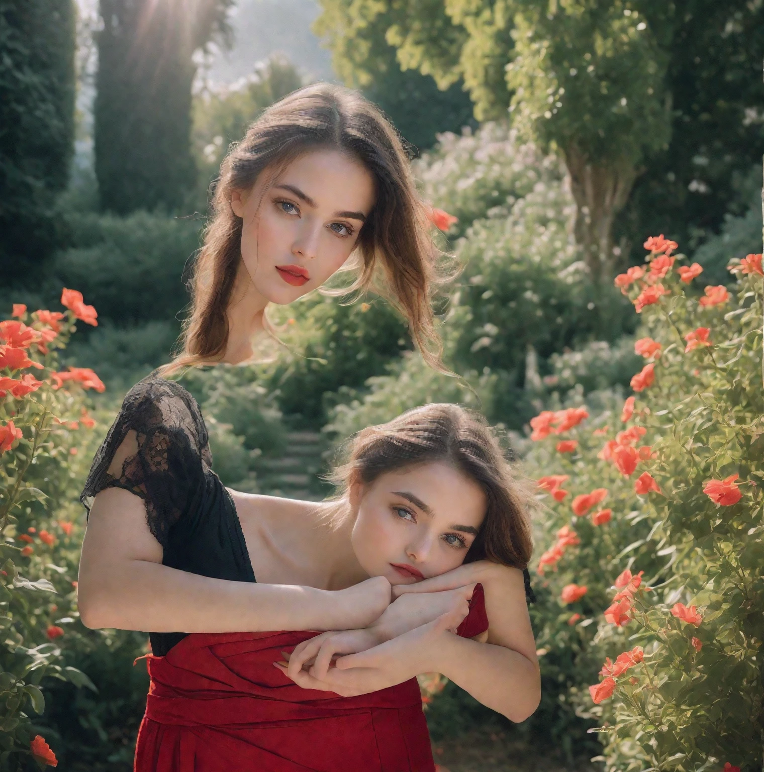 a girl in a red skirt, beautiful detailed eyes, beautiful detailed lips, extremely detailed eyes and face, long eyelashes, beautiful girl in a garden, elegant pose, warm lighting, vibrant colors, detailed fabric, (best quality,4k,8k,highres,masterpiece:1.2),ultra-detailed,(realistic,photorealistic,photo-realistic:1.37),cinematic lighting,dramatic colors,art nouveau style