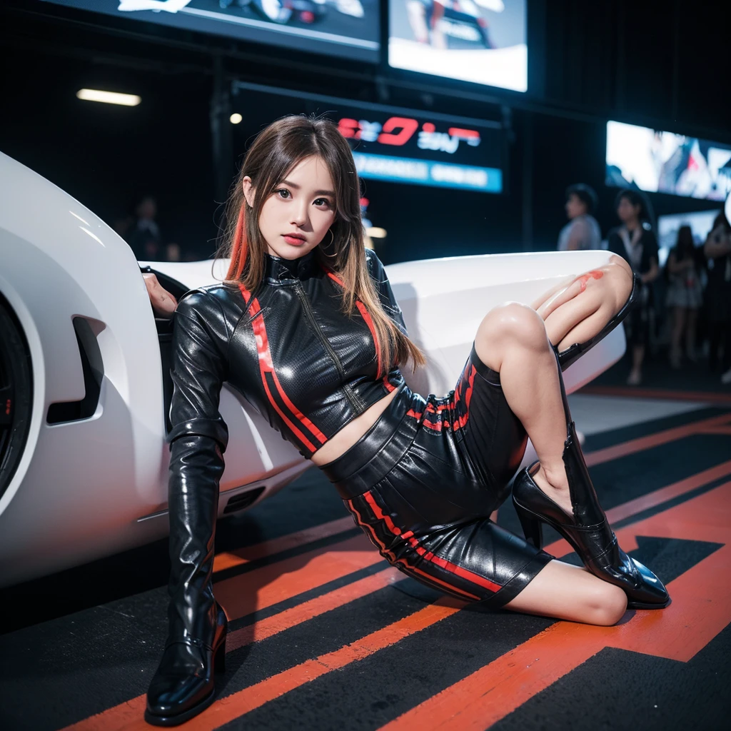 Super detailed photos、Detailed face、Lip gloss、Cool woman、Colorful costumes、F1 Driver Cosplay、Colorful costumes、Clothing with company logo、Grid Girlsのカラフルで派手な衣装、Grid Girls、Perfect Face、Paddock Girls、Harem、motor Show、tights、Bodycon Costumes、Grid Girls、Russia、Grid Girlsのコスプレ、belly button、Pleated skirt、Bodycon Costumes、Legs open pose、Spread your legs to show your crotch