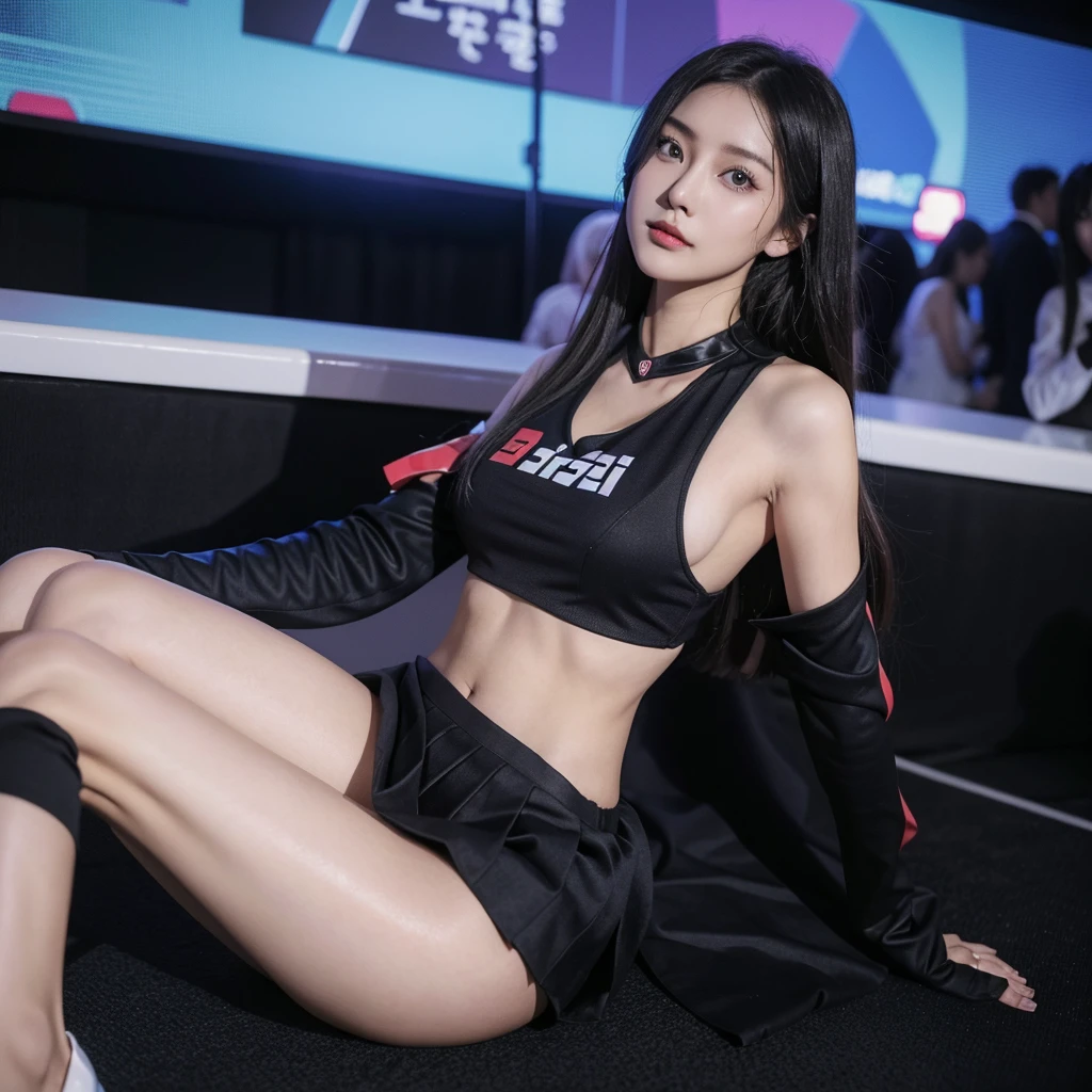 Super detailed photos、Detailed face、Lip gloss、Cool woman、Colorful costumes、F1 Driver Cosplay、Colorful costumes、Clothing with company logo、Grid Girlsのカラフルで派手な衣装、Grid Girls、Perfect Face、Paddock Girls、Harem、motor Show、tights、Bodycon Costumes、Grid Girls、Russia、Grid Girlsのコスプレ、belly button、Pleated skirt、Bodycon Costumes、Legs open pose、Spread your legs to show your crotch