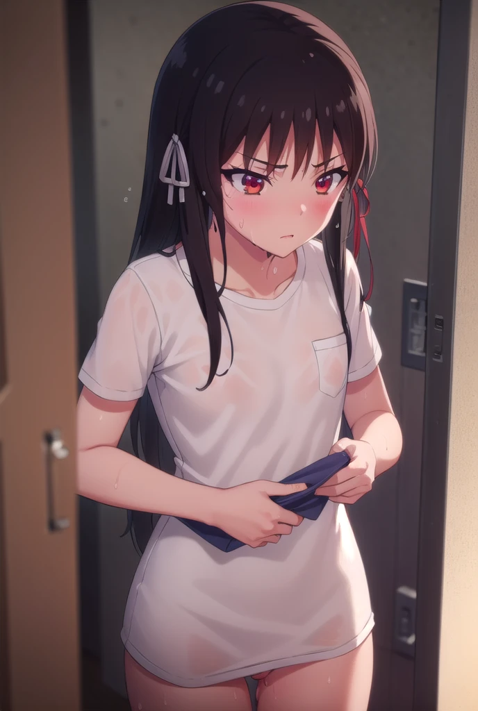 nsfw,suzune horikita, (Red eyes:1.3),locker room,cowboy shot,((from above)),Medium chest,Hair Ribbon,Upper body naked,White panties,((sweaty,Pussy line,wet))