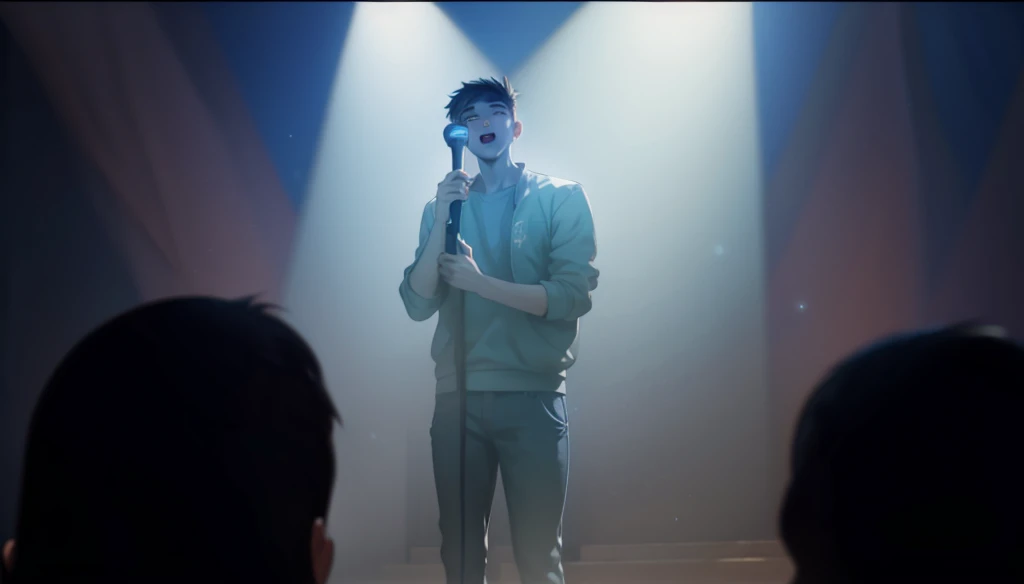 There is a 17 year old young man at a microphone singing.