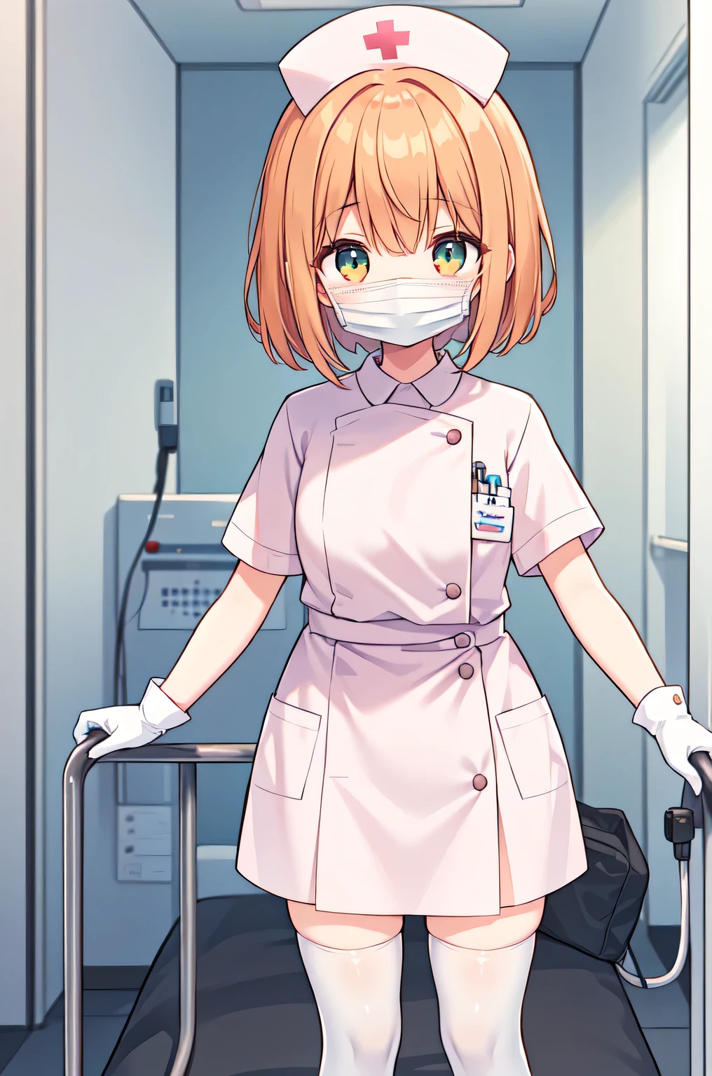 1girl, solo, nurse, nurse cap, white nurse uniform, ((white legwear, zettai ryouiki)), white gloves, very short hair, orange hair, ((white surgical mask, covered nose)), standing, ((hospital room)), sharp outline, short sleeves, tomboy, boyish, best quality, masterpiece