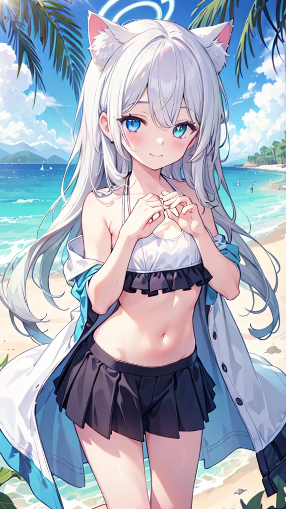 Bikini，White hair，Long hair，Cat ear，Heterochromia blue-yellow，Smile，Female face，There are bright spots in the eyes，Female hands，White little hands，Normal fingers，flat chest，Solitary，Summer，Beach，Halo