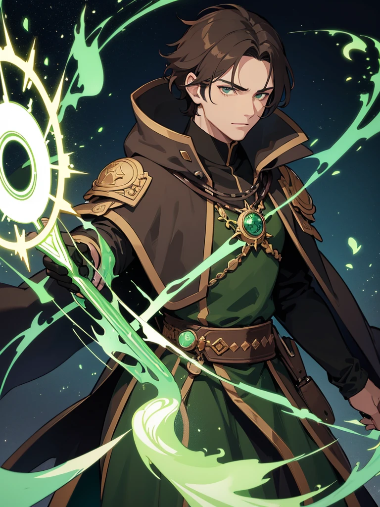 a man, mage, brown hair, dark fantasy, detailed green and black cosmic robe, cosmic staff, pet dragon.