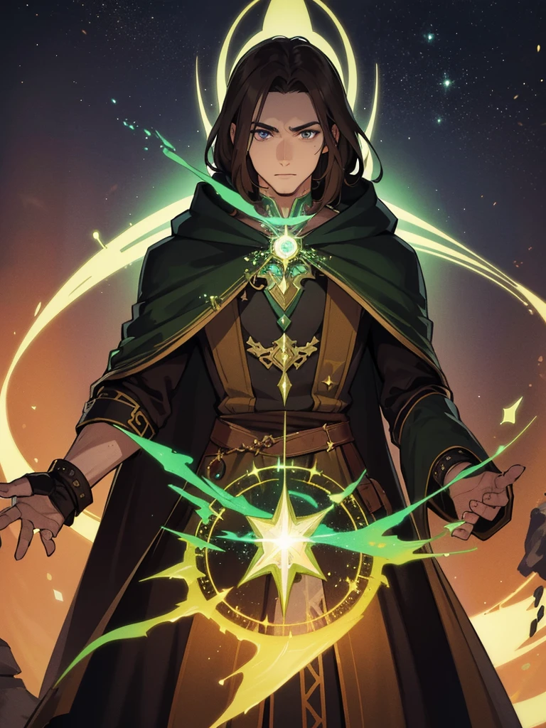 a man, mage, brown hair, dark fantasy, detailed green and black cosmic robe, cosmic staff, pet dragon.