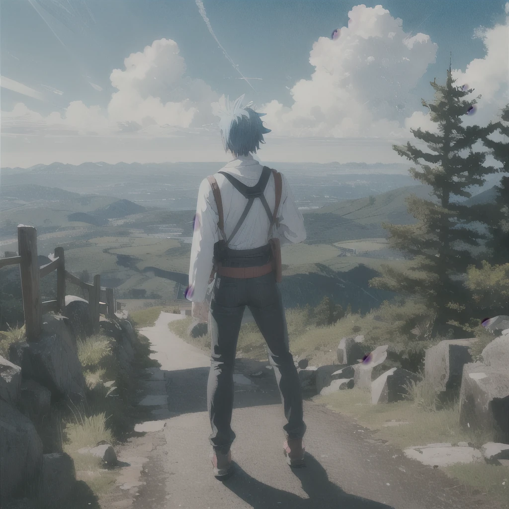 Anime man turns his back to face a giant pale blue mountain--Auto.