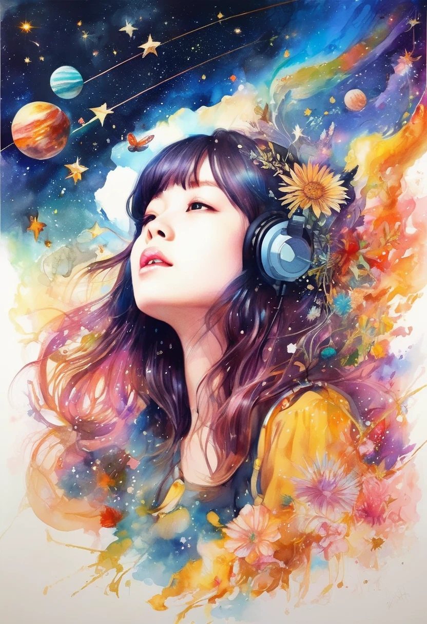 Girl singing with a microphone、Rock band vocals、Girl flying in space、Starry Skyを飛ぶ少女、Beautiful face girl、color々なcolorの星の光、diego gisbert lawrence、Joe San Gonzalez Dan Mumford、Picture book illustrations、Psychedelic Art、Starry Sky、nebula、vague、superwide shot、Highest quality、Ultra-detailed、Intensive、Golden ratio composition、Kanna Hashimoto、Watercolor、