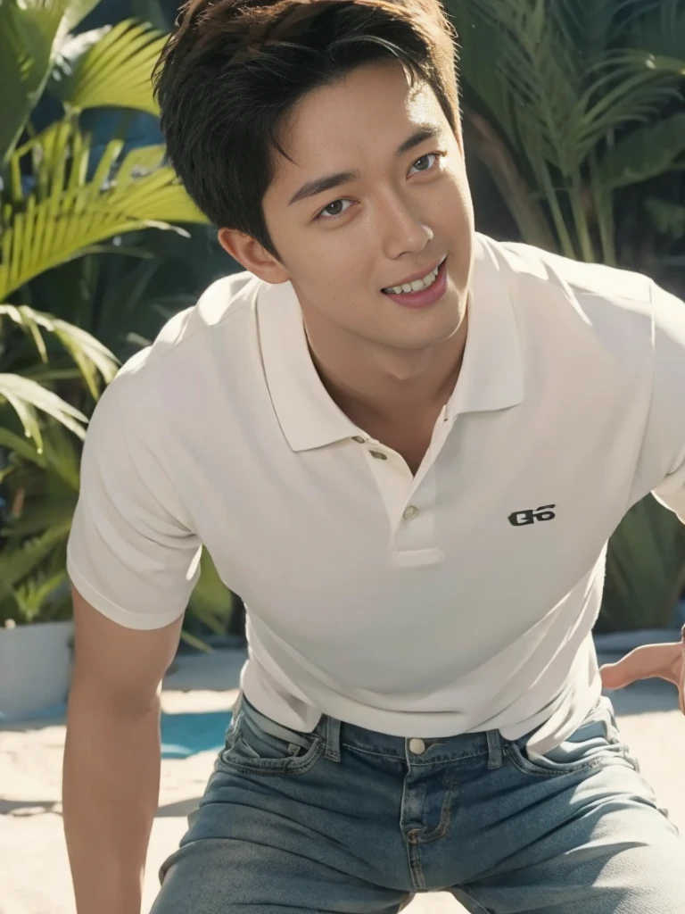 Aomine Daiki ,(Masterpiece: 1.2),(CGI art:1.3),(realistic:1.5),(post processing:1.3), (sharp focus:1.3), 1 person, smile, (White Polo Shirt), (jeans), Korean guy , korean men, (High gloss details), chest muscles, Big arm muscles, blood vessel, big muscles, shoulder, looking at the audience, Balancing the eyes, By the sea, beach, sunlight, Run towards the camera....