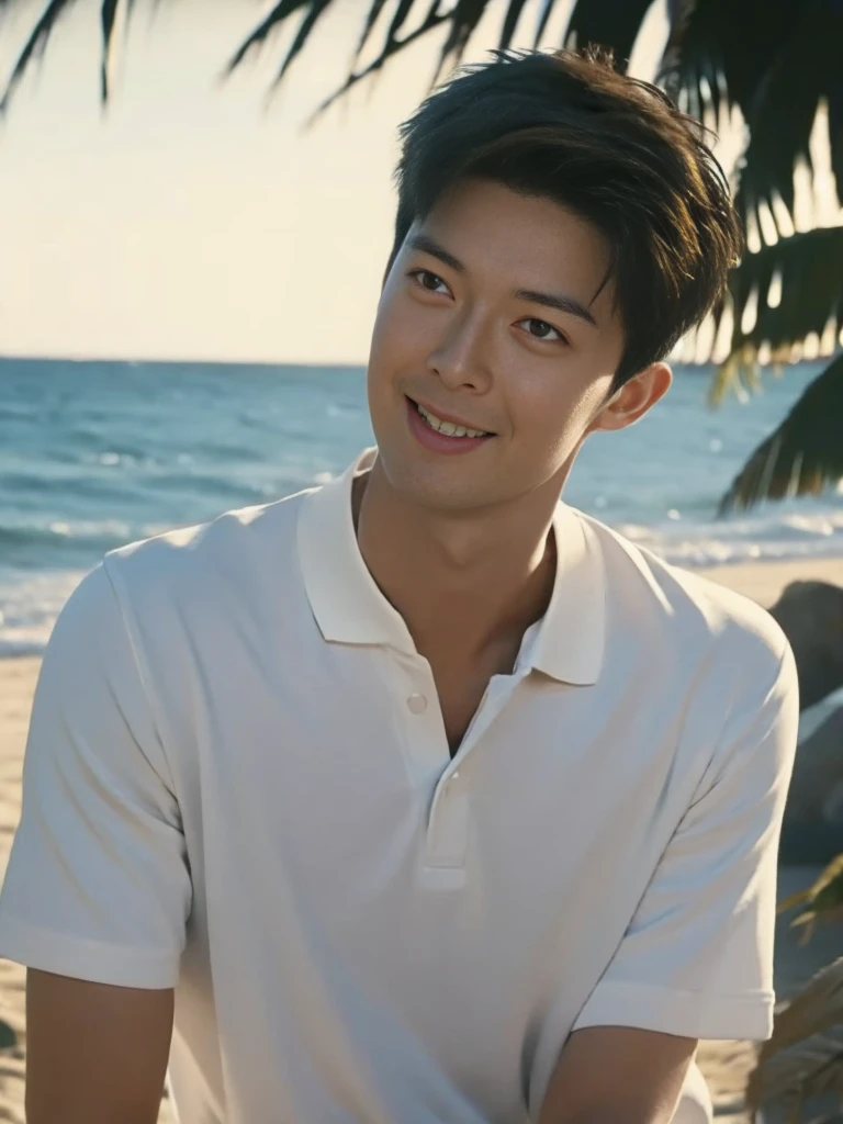 Aomine Daiki ,(Masterpiece: 1.2),(CGI art:1.3),(realistic:1.5),(post processing:1.3), (sharp focus:1.3), 1 person, smile, (White Polo Shirt), (jeans), Korean guy , korean men, (High gloss details), chest muscles, Big arm muscles, blood vessel, big muscles, shoulder, looking at the audience, Balancing the eyes, By the sea, beach, sunlight, Run towards the camera....