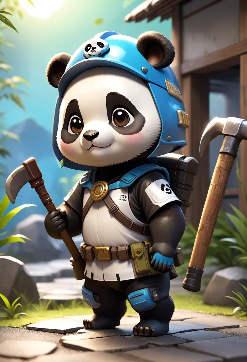 Esbian all over、Chibi Panda、Popless Panda、Cute Panda、Diorama、Simple Background、Construction helmet、Pickaxe in hand、masterpiece, Highest quality, Capture the cutest moment, Depth of written boundary, Ultra-detailed, Ultra-high resolution, Octadale, 8K, 16K