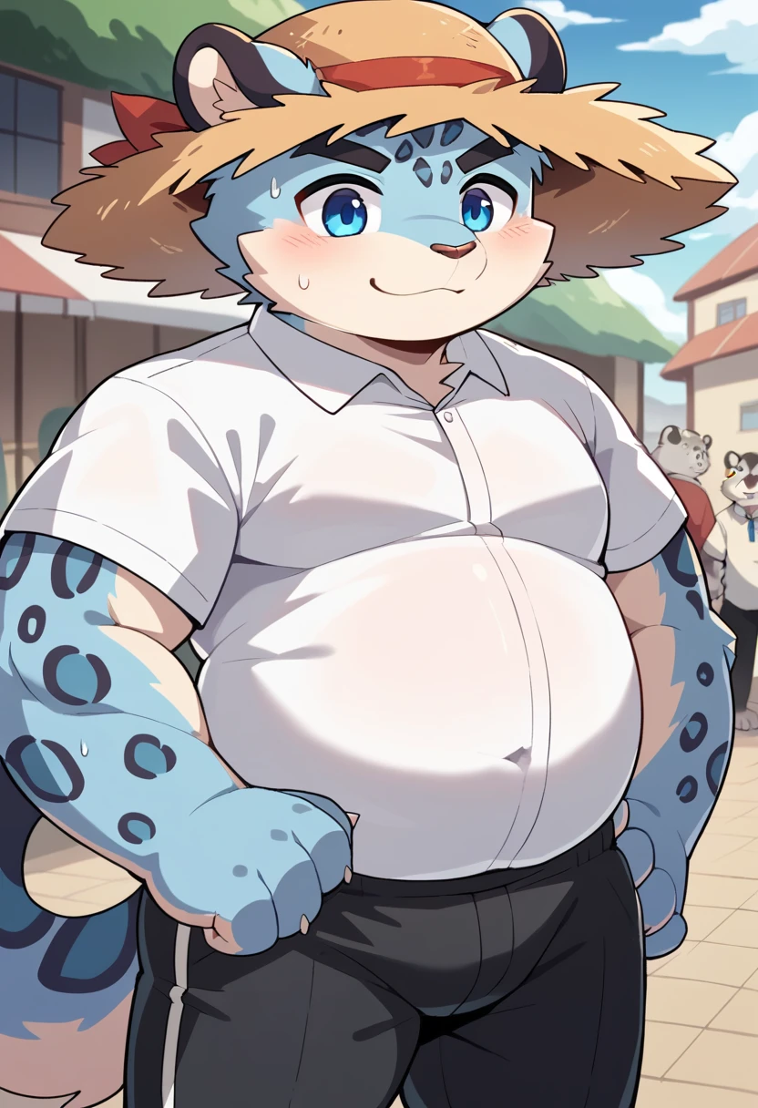 New Jersey 5 Furry,snow leopard，Solitary，Wildlife，Chubby, Abdominal muscles，Thick Arms，Chubby身材，Chubby脸，Black eyebrows，blue eyes，young，luxurious，blush，Smile，（countryside，village），（White shirt，Black pants，straw hat），（Sweat）,From Zixiong, Takemoto Arashi