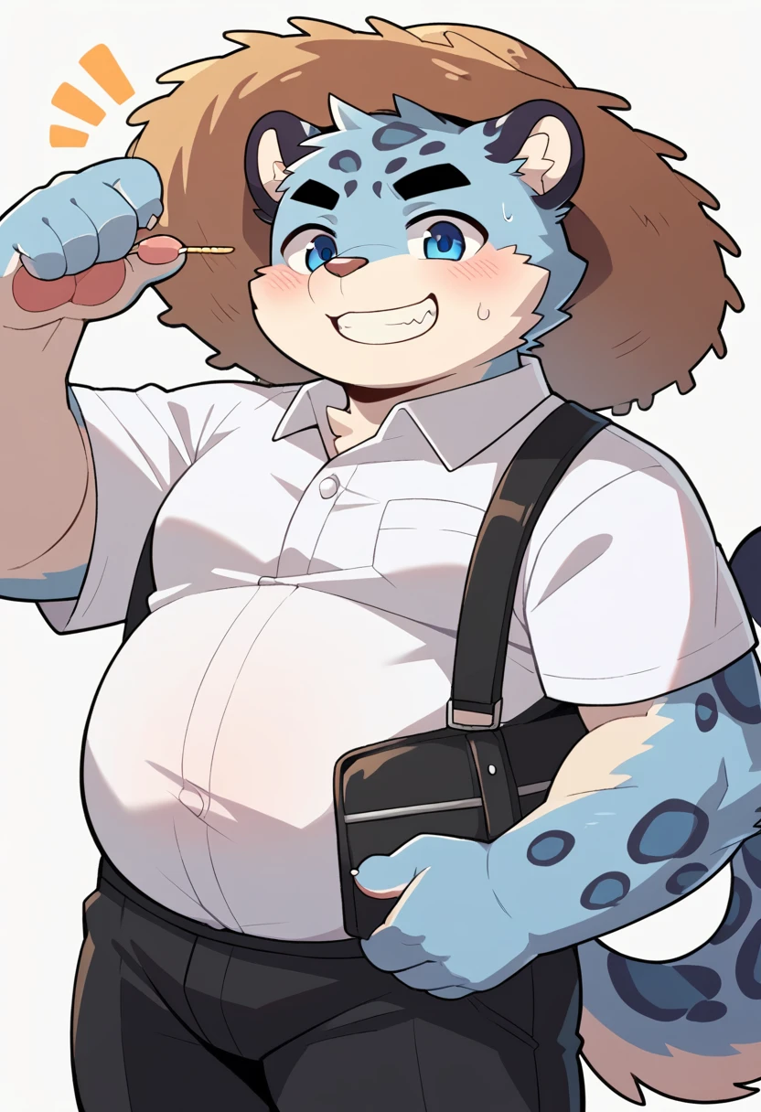 New Jersey 5 Furry,snow leopard,Solitary,Wildlife,Chubby, Abdominal muscles,Thick Arms,Chubby身材,Chubby脸,Black eyebrows,blue eyes,young,luxurious,blush,Smile,(countryside,village),(White shirt,Black pants,straw hat),(Sweat),From Zixiong, Takemoto Arashi