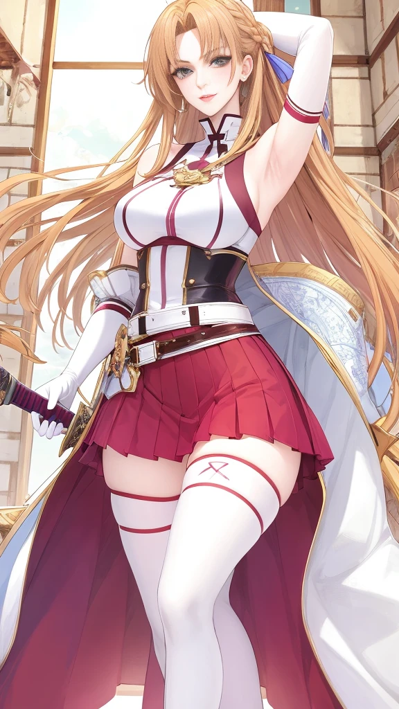 (masterpiece, best quality:1.2), 1girl, solo,mature_lady, delicate face,detail eyes,long hair, floating hair,medium breasts,floating clothes,,asuna_(sao),sword_art_online, armor, armored_dress, armpit_peek, armpits, bare_shoulders, belt, braid, breastplate, brown_eyes, brown_hair, detached_sleeves, dress, elbow_gloves, french_braid, gloves, long_hair, miniskirt, pleated_skirt, red_skirt, skirt, sleeveless, sleeveless_dress, thighhighs, very_long_hair, white_armor, white_belt, white_dress, white_sleeves, white_thighhighs, zettai_ryouiki,in recreational machine hall