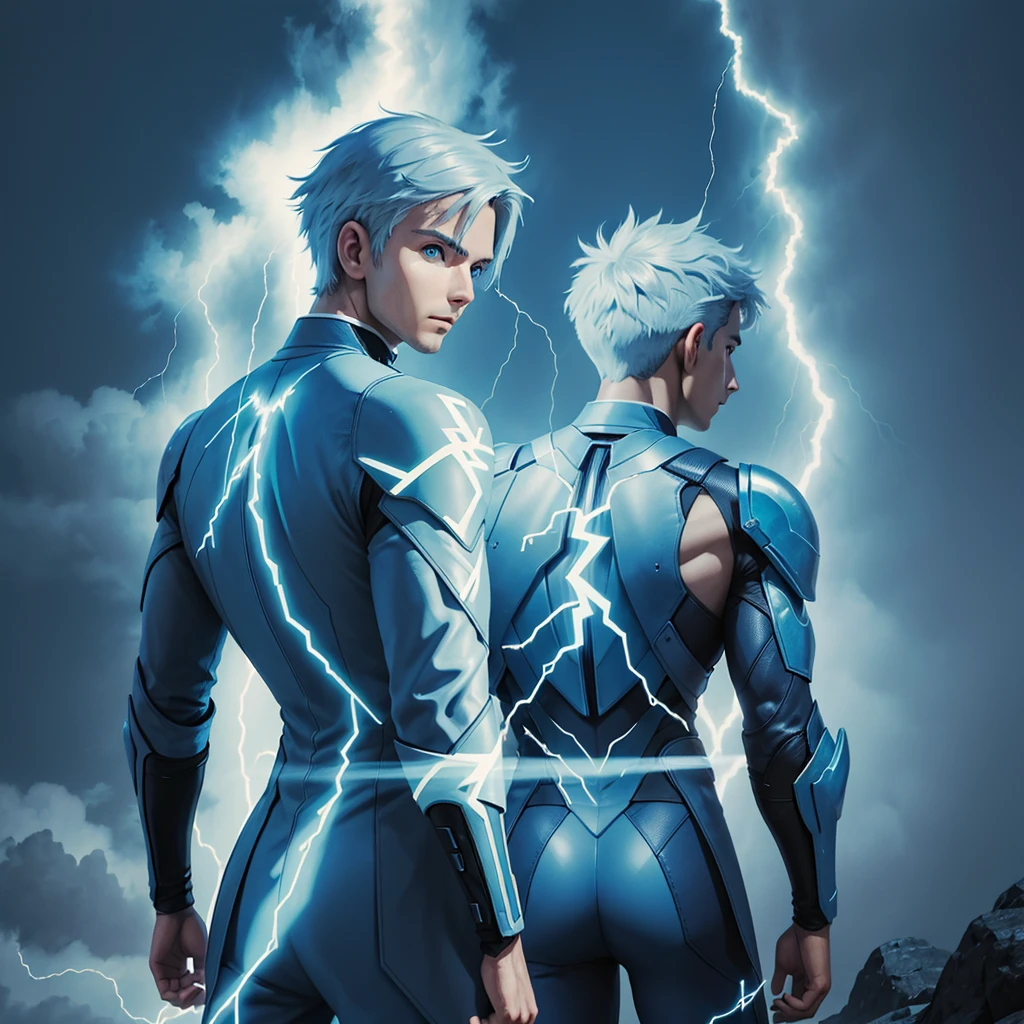 create an image of a man looking back and from his eyes lighting up blue with small lightning bolts, The light radiated sharply from his eyes