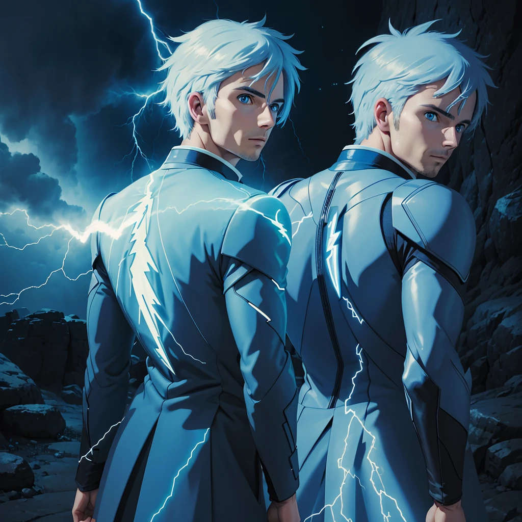 create an image of a man looking back and from his eyes lighting up blue with small lightning bolts, The light radiated sharply from his eyes
