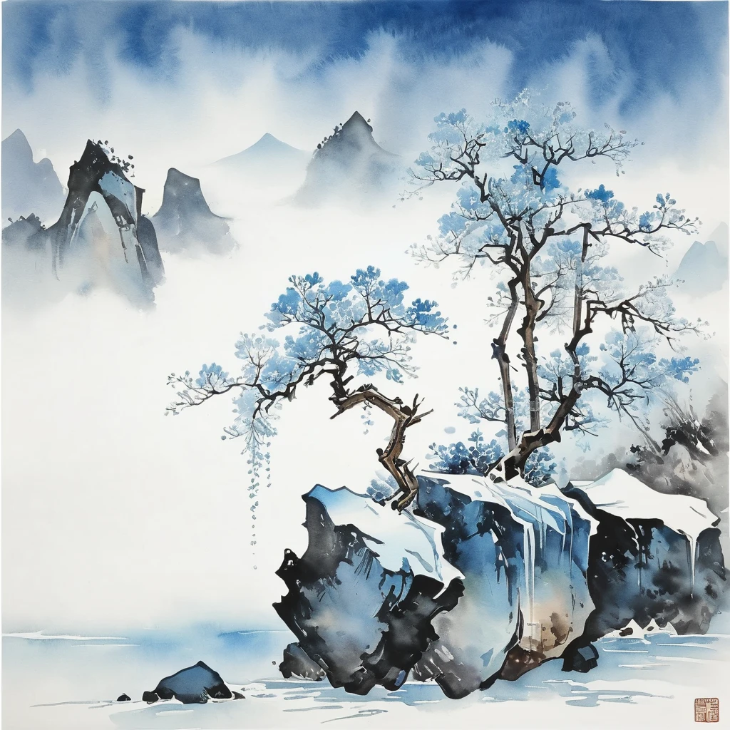 (Ink painting and watercolor painting:1.5), (landscape painting:1.5), (Tasteful:1.5), (rock:1.5),(Tree:1.5), (Ink painting and watercolor painting:1.5), (Chinese style:1.5), (Rime ice:1.5), (Rime ice:1.5), (ice crystals:1.5), (Rime ice covered the Trees:1.5), (frozen Tree:1.5),