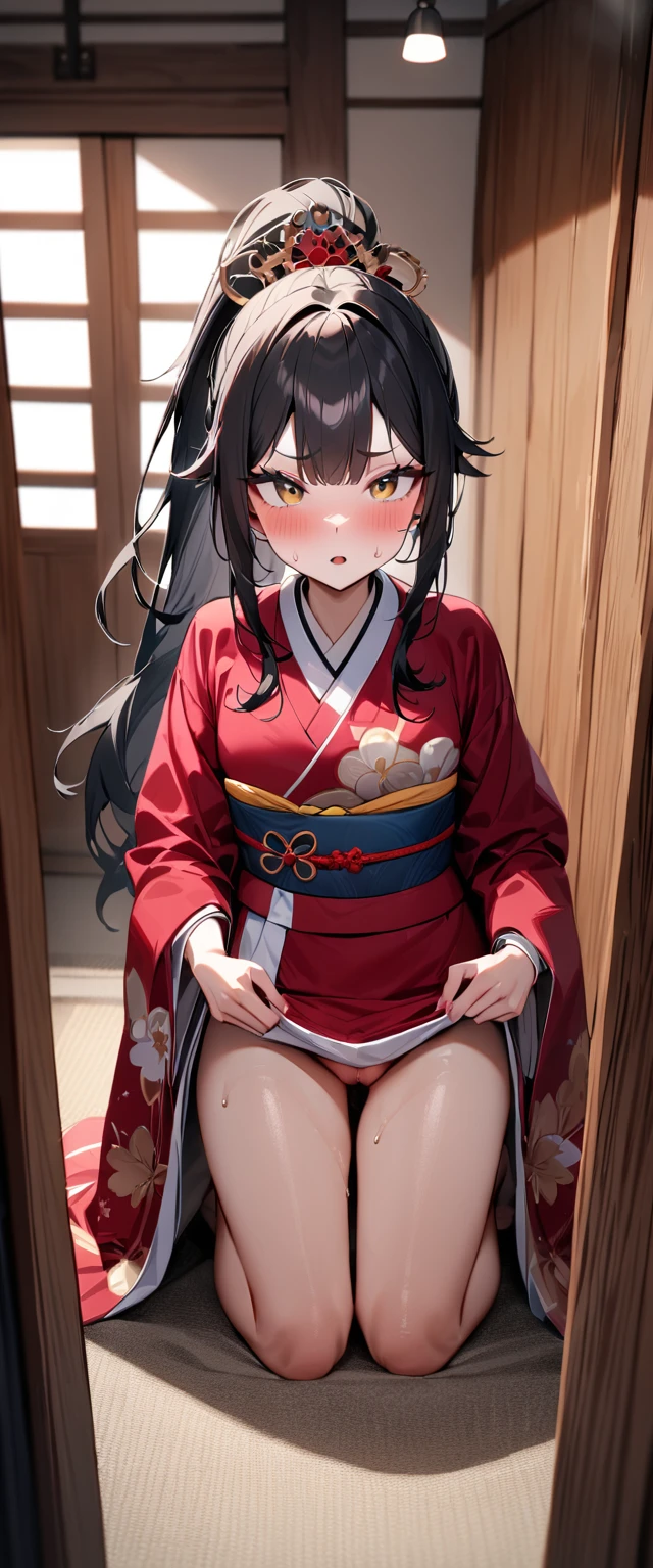 masterpiece, Highest quality, so beautiful, Absurd, Latest, One Girl, Kimono without the obi,chest,Pussy,Sweat,Inn changing room, alone, shout, v eyebrows, Black Hair, View your audience, ponytail, Long Hair, Kneeling, kimono, Similarly, blush,hair ornaments, bangs, Shine,Viewer&#39;s penis in front,Blowjob,Covered in semen