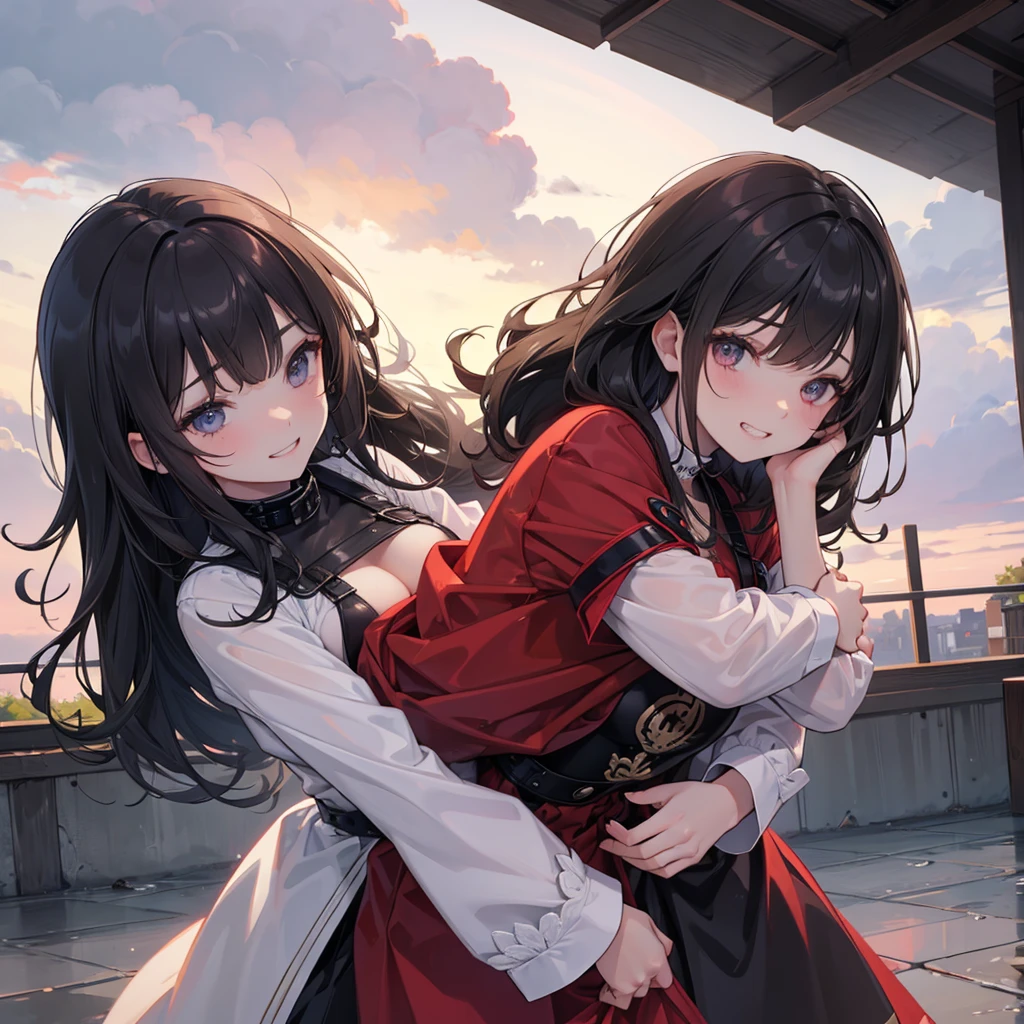 ((kinky girls ,up-hair)), kinky grin,hugging,scrum,