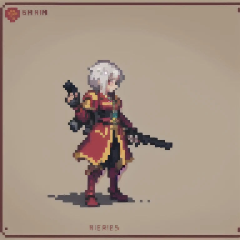 ((Side view)),pixel,pixel art,pixelart,xiangsu,xiang su,8bit,16bit,1girl,Raise the pistol to aim,full body,Solid background
masterpiece,best,quality,warhammer 40k, anime girl, science fiction, guns, machinery, armor,Gothic, White hair, Red robe,Gold jewelry