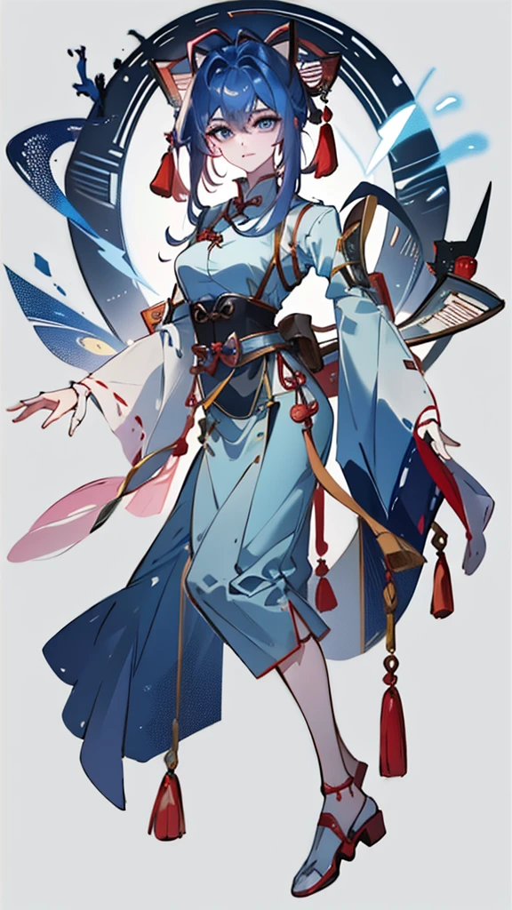 Masterpiece, Best quality, 1 Ji Ruxue, the expression is cold, strong, blue eyes, short hair, wolfcut hairstyle, smoky mix blue color hair, resolute eyes, red lips, simple Taoist Taoist uniform, Chinese mix morden, frontal photo, black or white background, simple background, アニメ, illustration, Chinese style short-sleeved shirt, cool girl, Ji Ru Xue, Fullbody, blank background , full HD
