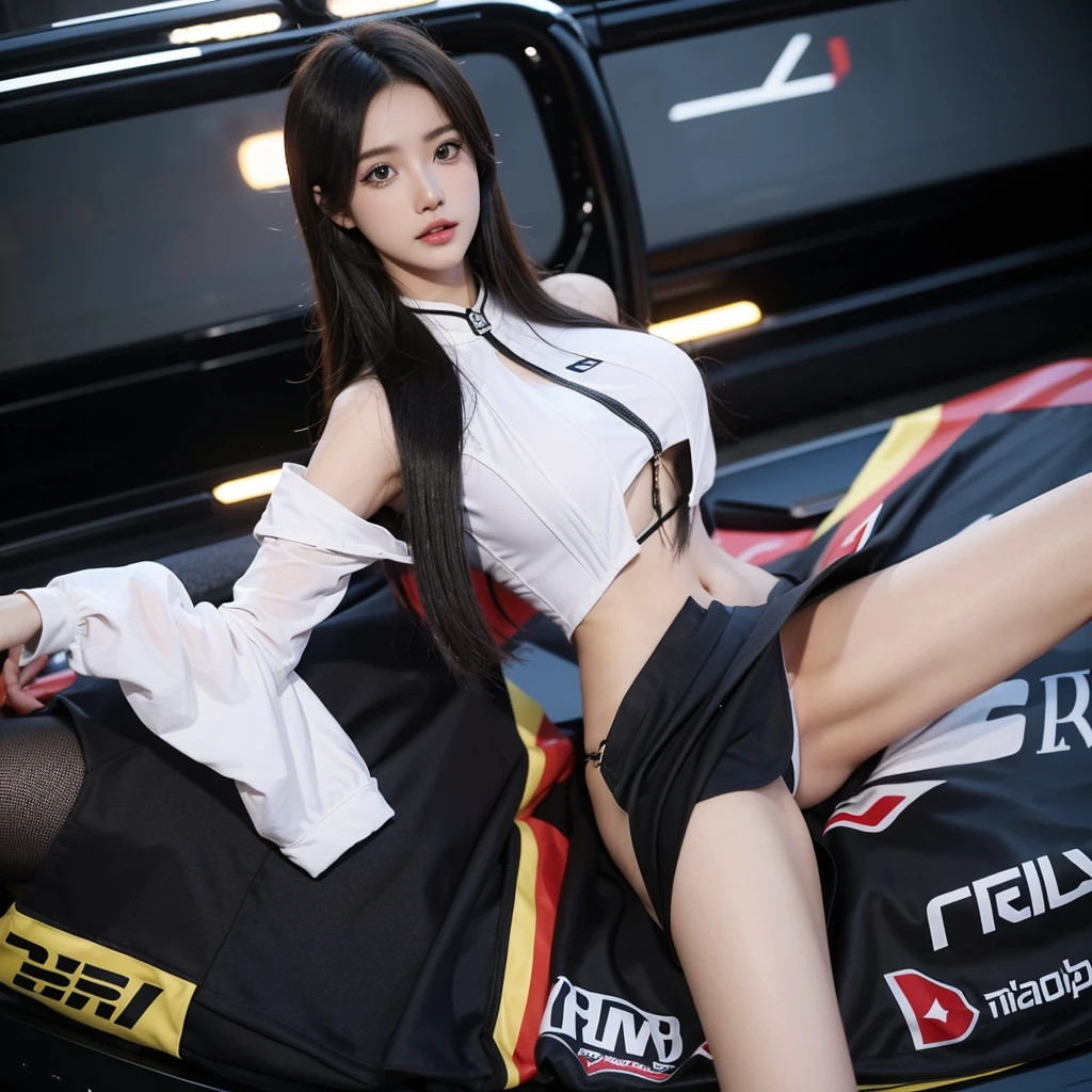 Super detailed photos、Detailed face、Lip gloss、Cool woman、Colorful costumes、F1 Driver Cosplay、Colorful costumes、Clothing with company logo、Grid Girlsのカラフルで派手な衣装、Grid Girls、Perfect Face、Paddock Girls、Harem、motor Show、tights、Bodycon Costumes、Grid Girls、Russia、Grid Girlsのコスプレ、belly button、Pleated skirt、Bodycon Costumes、Legs open pose、Spread your legs to show your crotch