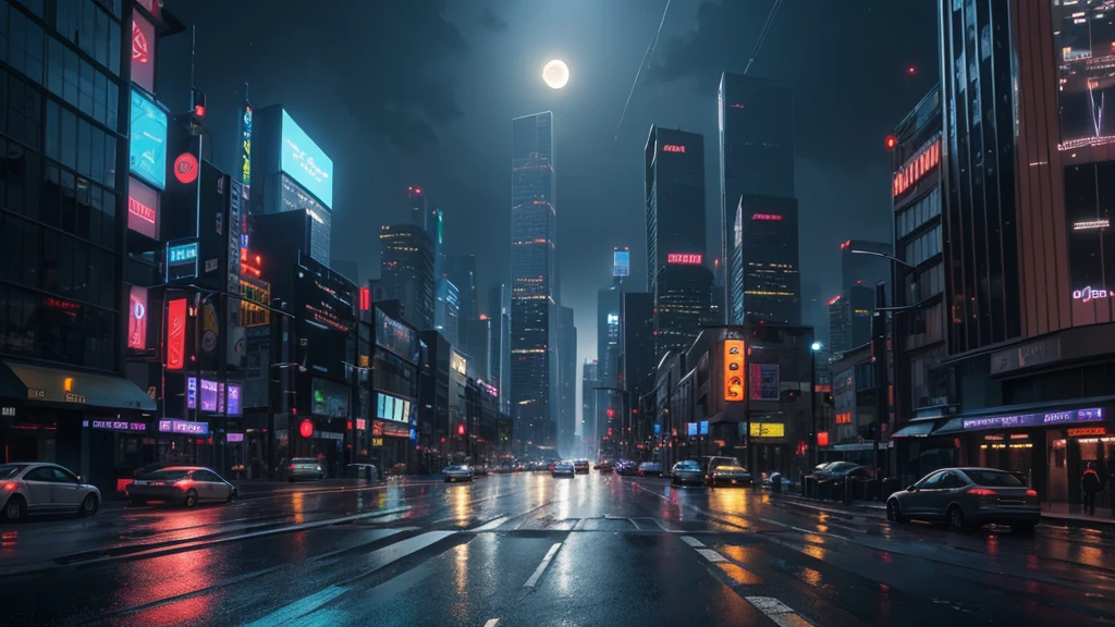 photorealistic detailed cityscape, unmanned intersection, ((no car, no peaple)), urban landscape, tall skyscrapers, neon lights, rainy weather, wet streets,, night sky, full moon, one bright star, cinematic composition, dramatic lighting, highly realistic, 4k, best quality, masterpiece