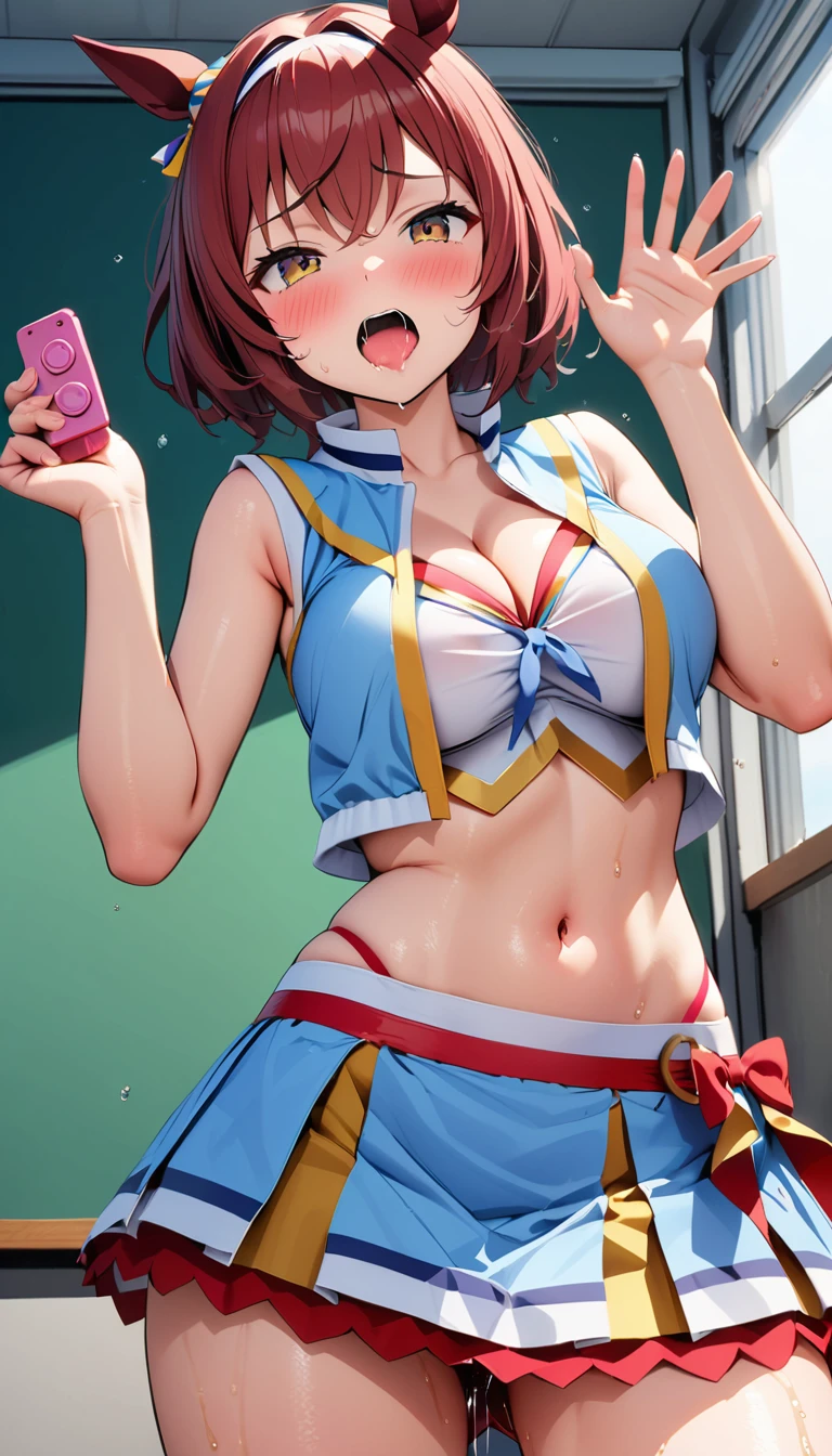 [1girl, nice nature \(run&win\) \(umamusume\), umamusume], (goblin slayer!), (throw_hand, pink vibrator remote switch in throw_hand, throw:1.2), Highest quality, Super detailed, masterpiece, Ultra-high resolution, 8K, Ridiculous, Cowboy Shooting, Blurred, Focus on the girl, Embarrassing, blush, Lovely, Open your mouth, What saliva leaves behind, Wet skirt hem, (Sticky panties:1.1), Bulging of the vibrator cord, Vibrator with Garters, (cleavage), Classroom Background, The skirt is accidentally exposed,(large breasts), (crop top navel), (waist line), Accidentally exposed panties