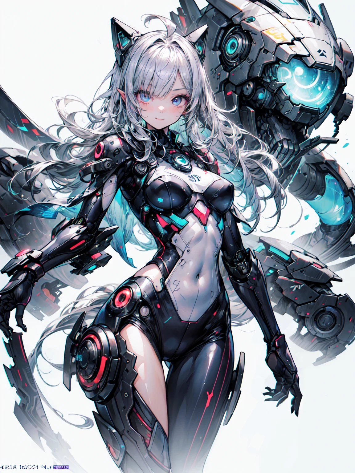 4K、Best image quality，Great details，Super high quality skins、Ultra-high resolution，（Faithfulness：1.4），Best illustrations，Attention to detail，(Official Art, beautifully、aesthetic:1.2), （Anime style on the journey:1.2）
1 Girl, (Long silver hair、Bangs are black:1.2), Wavy Hair, smile, (Sexy Cyberpunk Android Costume:1.2)、Android from the neck down、 (Fancy futuristic background:1.1), Blake、（Dark Elf), (1 Girl), alone, Perfect Face, Get used to it, Ahoge, ((Long Hair:1.2)), (Hair above one eye:1.3), [[Messy Hair]], Shiny blonde white hair, Purple eyes, Variegated eyes, Colorful Hair, Shining Eyes, bright, smile, Design Art：haruhiko mikimoto, by Kawashi, By Yoshitaka Amano
