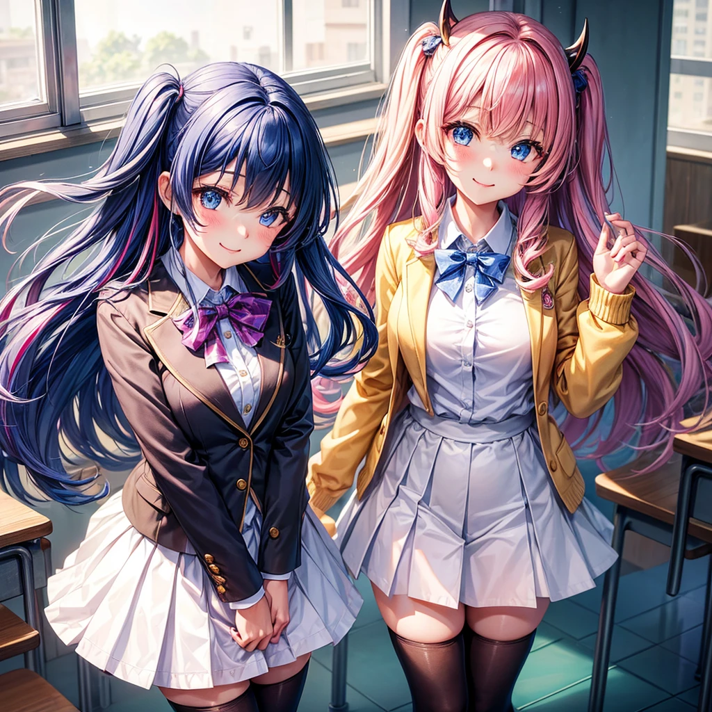 middle School girls,smile,Best Quality,High-dimensional beautiful girl,Multidimensional beautiful girl,Several girls are depicted,cute制服,blazer,cardigan,8K,Highest quality,Long Hair,cute,fluffy,Angel,Long Hair,blue eyes,School,classroom,perfection,masterpiece,Have sparkling eyes,tights,Horny girl,Naughty Girls,美しいcute女の子,Horny girl,Beautiful girl,Multi-colored hair,Latest Fashion, girl,