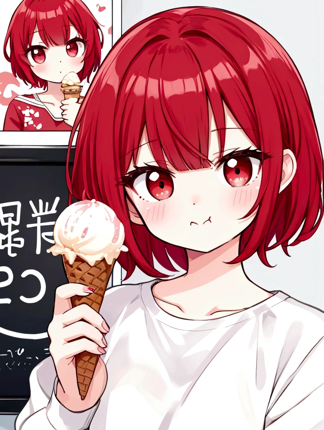 Red hair short cut、cute、An illustration、Eating ice cream