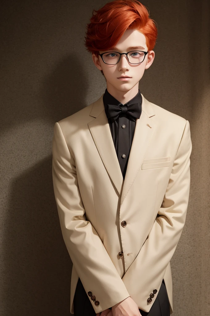 A 16 year old red haired boy, greeneyes, hair Comma hair wearing formal clothes and prescription glasses