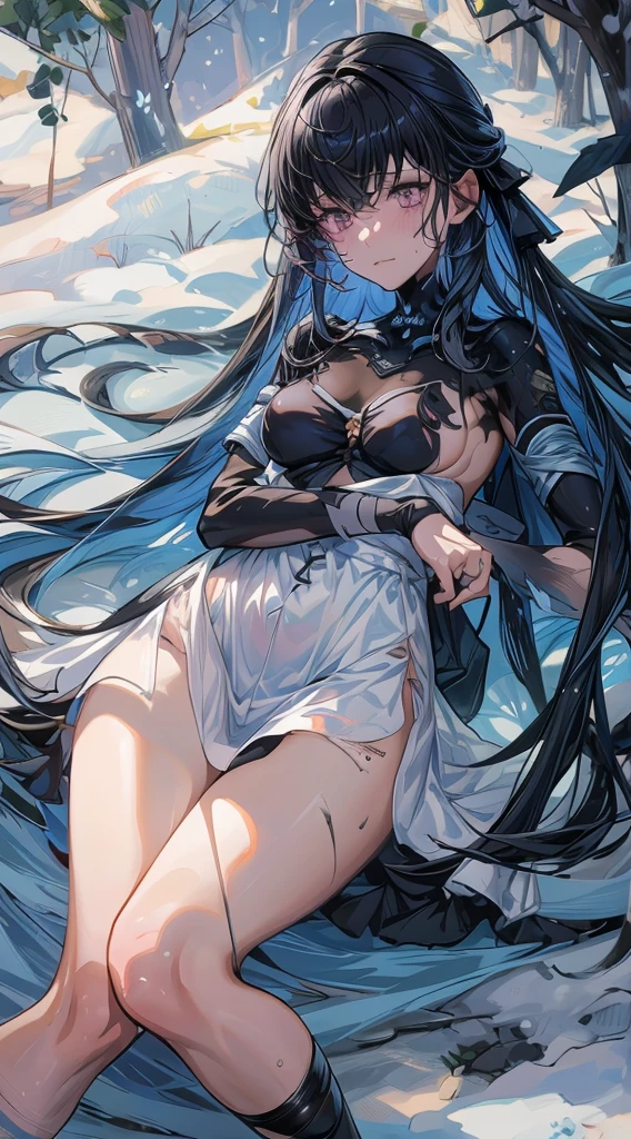 nude anime girl,black mix blue hair ,18+, no clothes, sweet, sad face, cry, sad,show breast, medium , wet, tits, nipples, horny, sexual, full HD,lying in the grass, forest, snow
