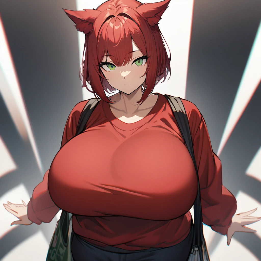 1girl,solo,red hair color,wolf cut hair(short),wolf ears,green eyes,slanted eyes,super huge breasts,slender,red shirt,long sleeves,tote bag,expressionless,looking at viewer,near,beautiful person ,cool,standing up,white background