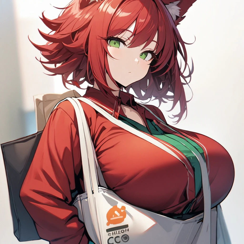 1girl,solo,red hair color,wolf cut hair(short),wolf ears,green eyes,slanted eyes,super huge breasts,slender,red shirt,long sleeves,tote bag,expressionless,looking at viewer,near,beautiful person ,cool,standing up,white background