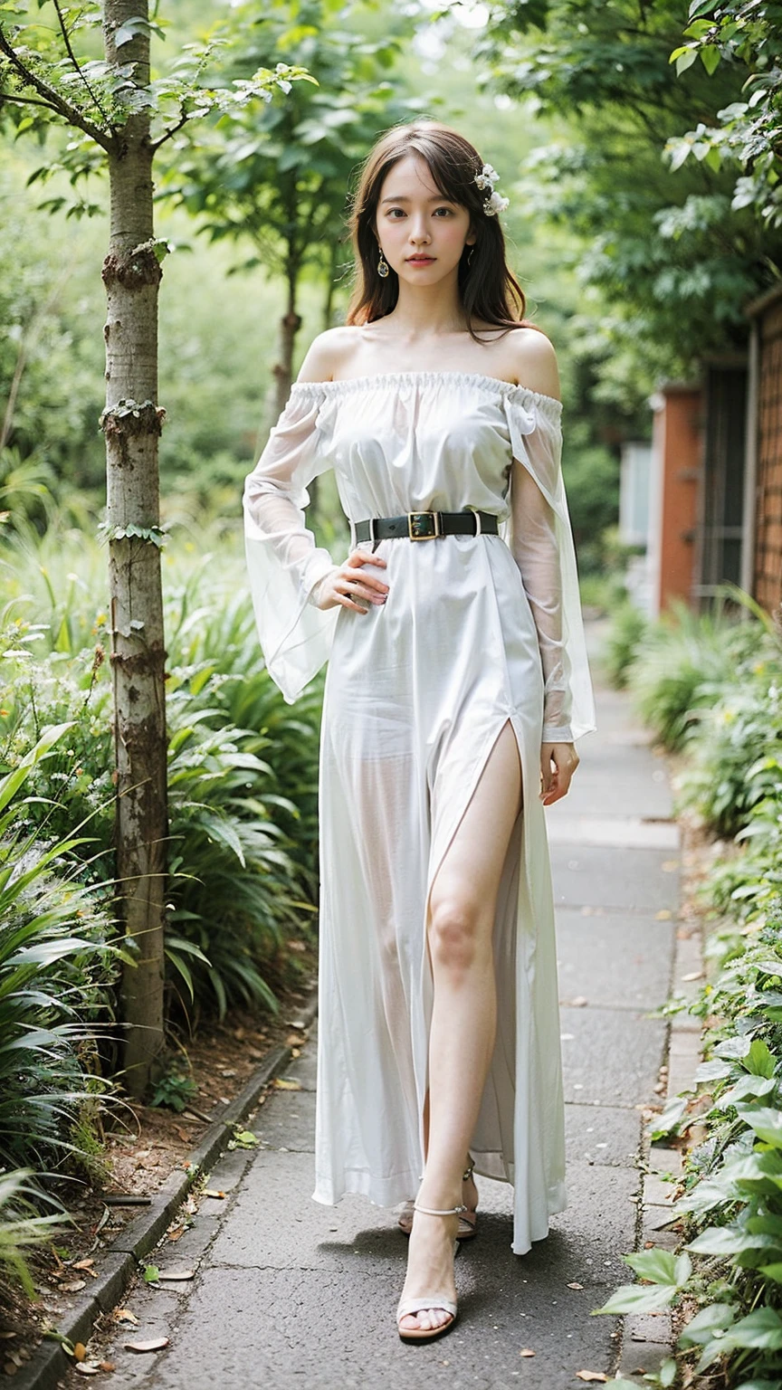 (8K、RAW Photos、Highest quality、masterpiece:1.2)、(Realistic、Realistic)、1 Girl、((Long dress、Off the shoulder、See-through、black、Thin legs、whole body、boots、tights、garden、View from the front、Looking into the camera、belt、Stand with hands on hips))、cute