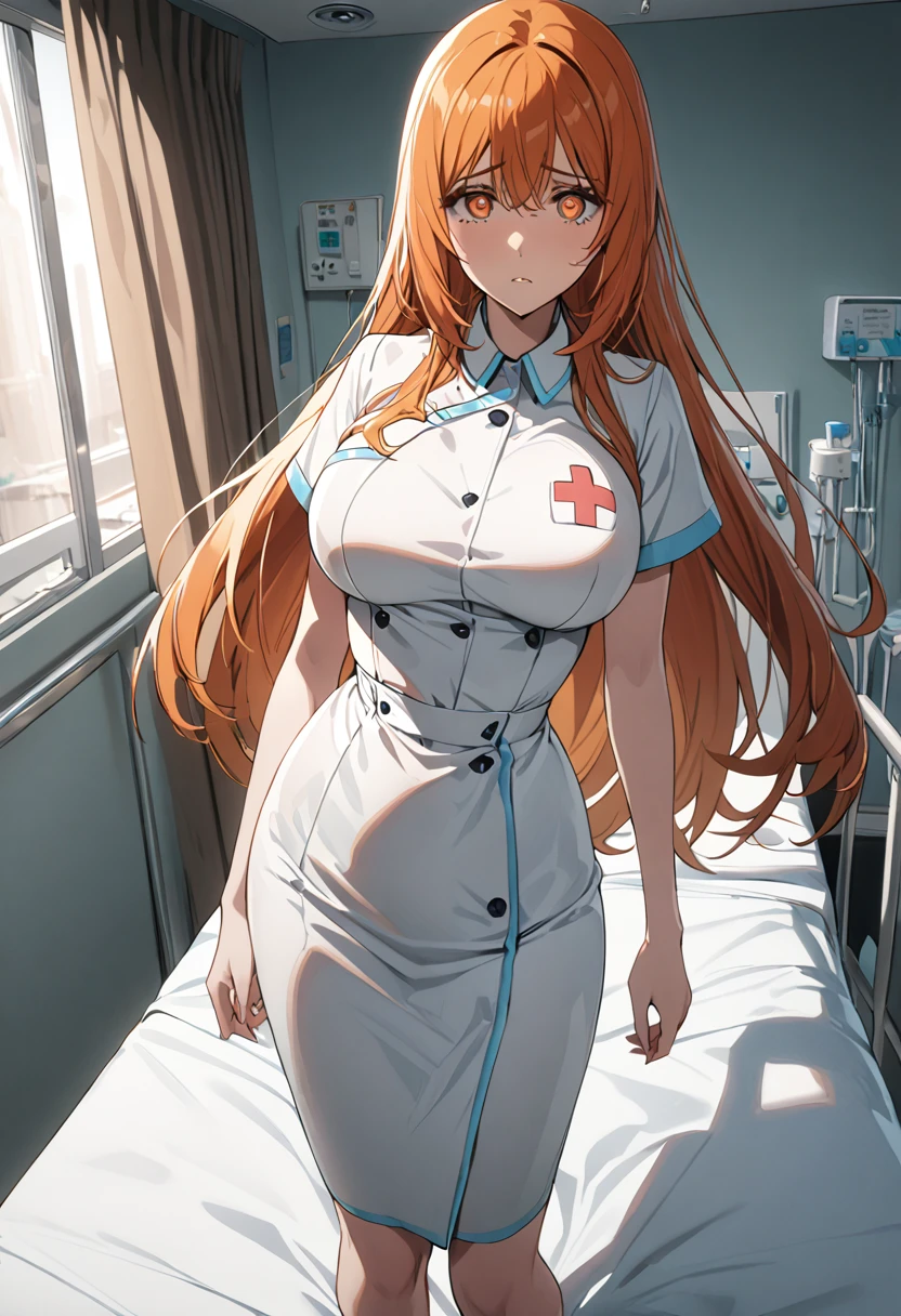 1 woman, solo, tall woman, long orange hair, straight hair ,orange eyes, (Full Breasts), High Height,masterpiece, high resolution, shiny, full body, beautiful, worried, anxiety, watery eyes, (tears:0.8) highly detailed beautiful face and eyes,looking at viewer, nurse, in the Hospital room, standing beside Hospital room bed, 