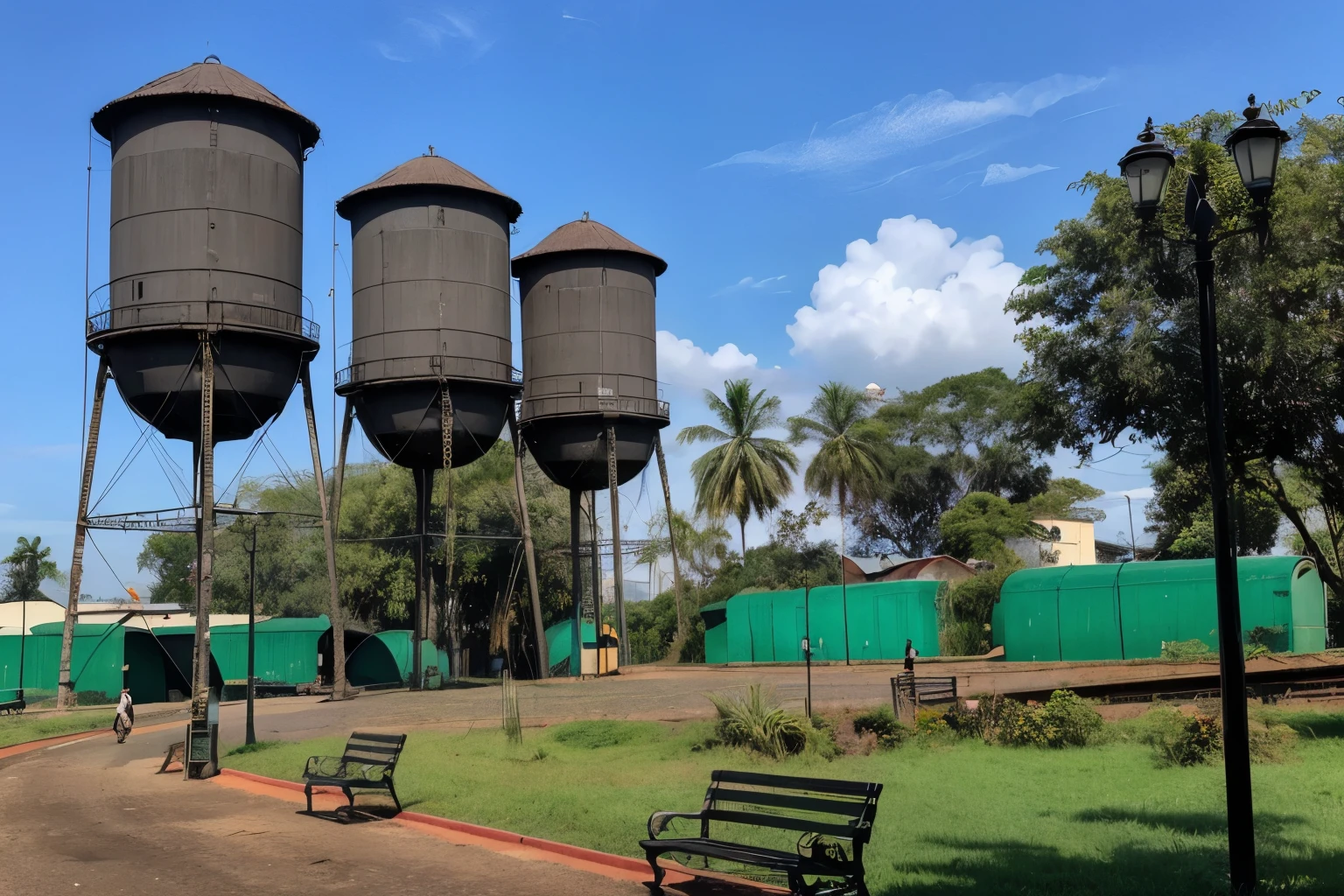 Use your artistic skills to create a captivating visual representation of the legendary train "maria smoke" passing by the three iconic water tanks in Porto Velho, Rondônia. Let your imagination run wild as you piece together story elements, nature and locomotion in a single work of art that celebrates the city&#39;s unique identity.